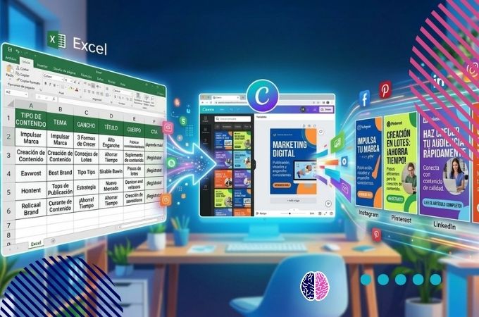 Hoja de Excel conectada con Canva para crear múltiples contenidos en lote automáticamente.