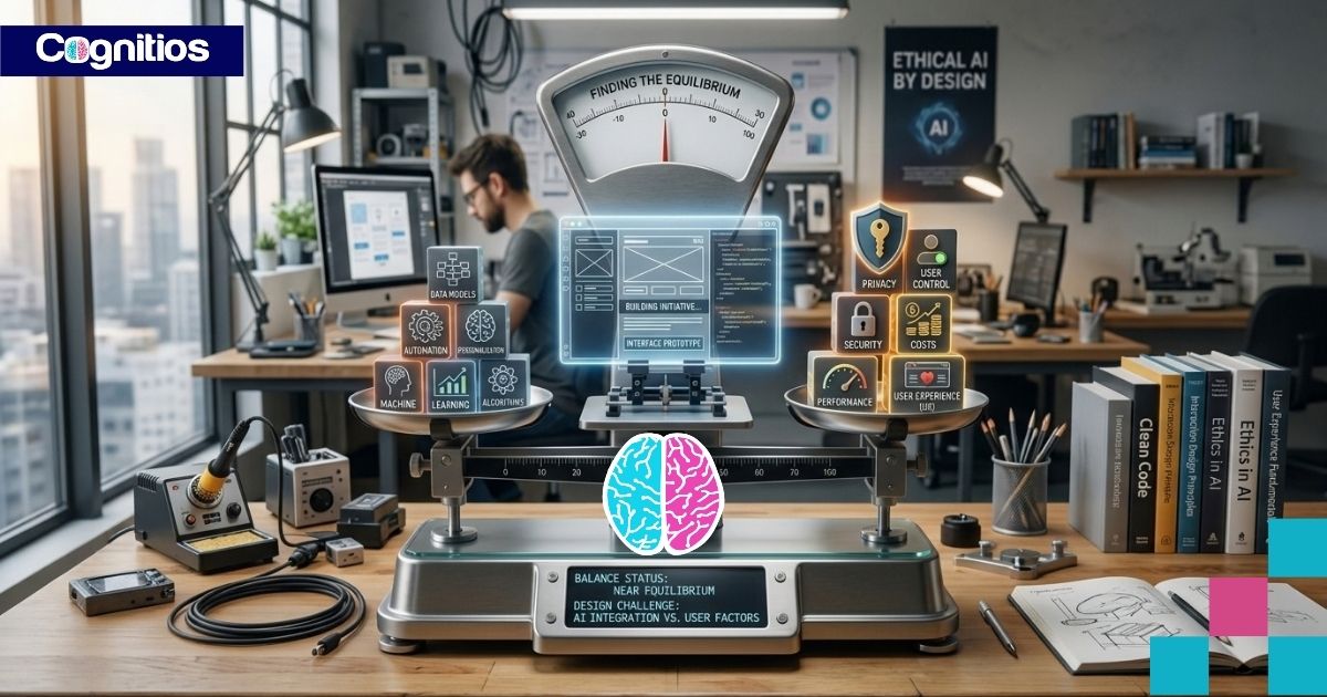 Balanza que representa el equilibrio entre inteligencia artificial, privacidad, control, desempeño y experiencia en el diseño de software.